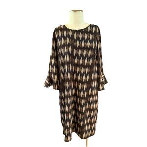 Peach Velvet Shift Dress Womens Size 16 Multicolor Geometric Print Bell Sleeve